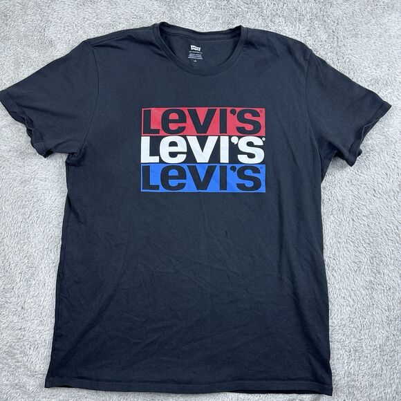 Levi's‎ Men's L Black T-Shirt Triple Logo Red White Blue Graphic Tee 100% Cotton - Picture 1 of 11